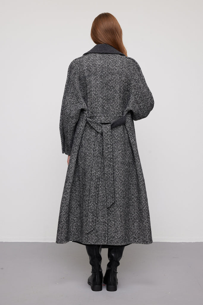 Herringbone Tweed Wool Belted Wrap Coat  Fibflx