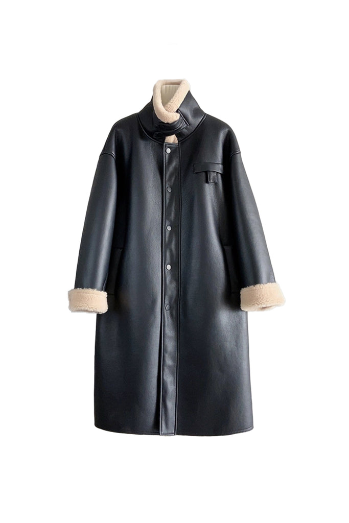 High Collar Reversible Wool Faux-leather Coat  Fibflx