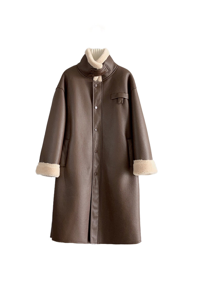 High Collar Reversible Wool Faux-leather Coat  Fibflx