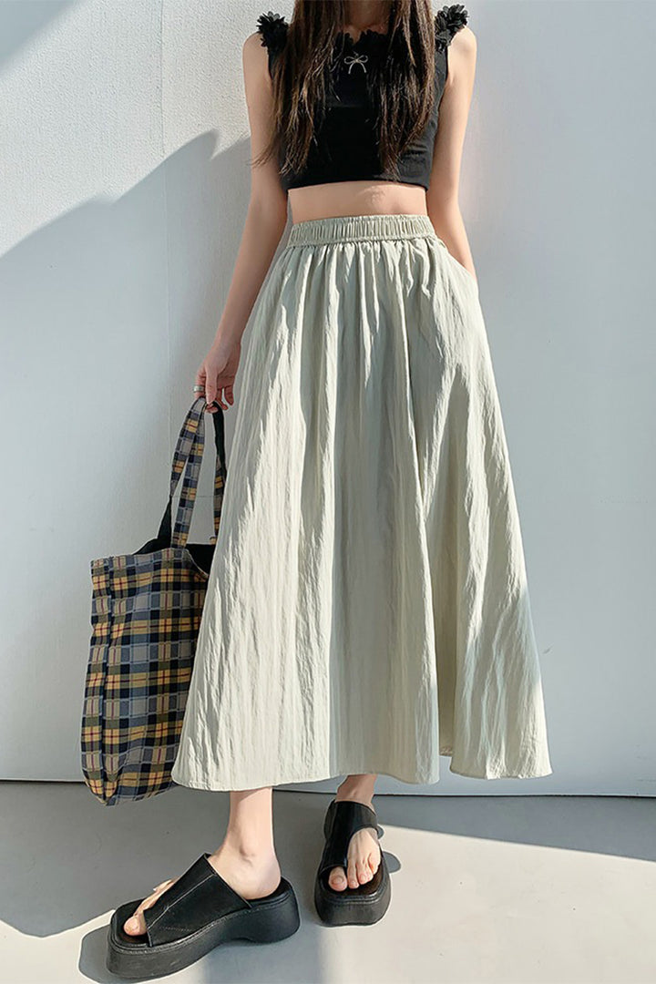 High-Waisted White Midi Skirt with Wide Waistband  Fibflx