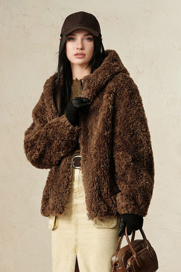 Fibflx Women's Hooded Genuine Shearling & Faux Suede Teddy Coat