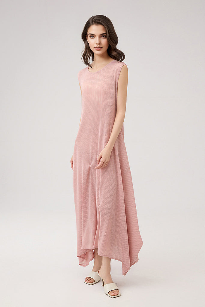 Designer Inspired Pleated Asymmetrical Midi Dress Innocence Pink / One Size (Flexible fit for US 2–8 Fibflx