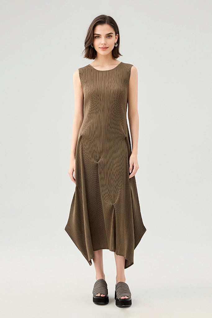 Designer Inspired Pleated Asymmetrical Midi Dress  Fibflx