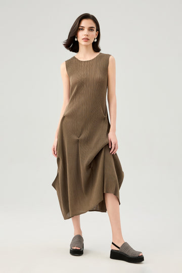 Issey Miyake Inspired Pleated Asymmetrical Midi Dress - Fibflx