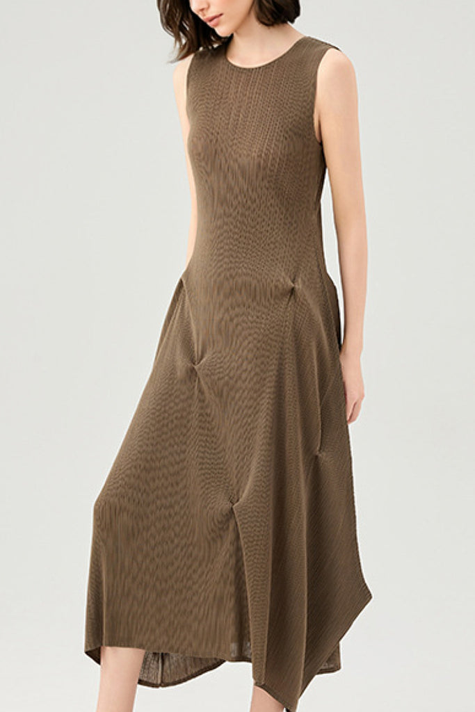Designer Inspired Pleated Asymmetrical Midi Dress  Fibflx