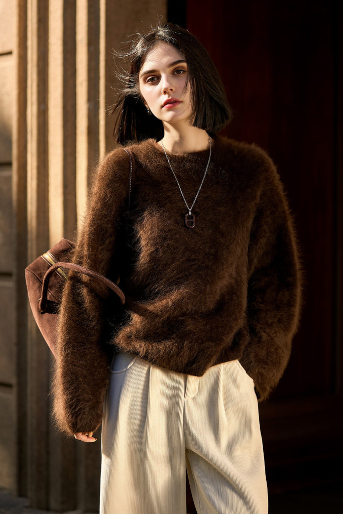 Italian-Made Brushed Cashmere Crewneck Sweater Dark Brown / L / 100% Cashmere   (Weight: 363g (±1 Fibflx