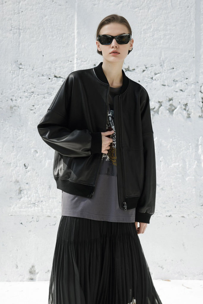 Italian Sheepskin Leather Double-Zip Bomber Jacket  Fibflx