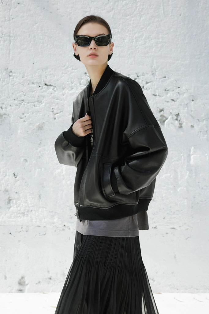 Italian Sheepskin Leather Double-Zip Bomber Jacket  Fibflx