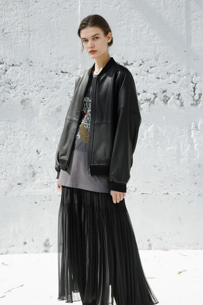 Italian Sheepskin Leather Double-Zip Bomber Jacket  Fibflx