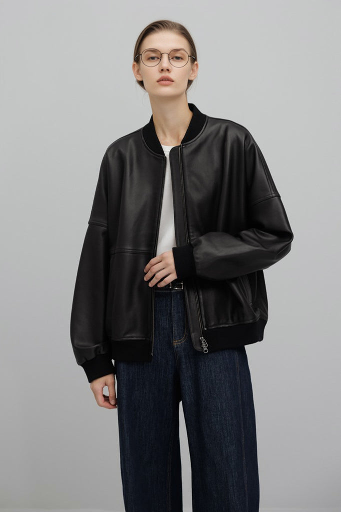 Italian Sheepskin Leather Double-Zip Bomber Jacket  Fibflx