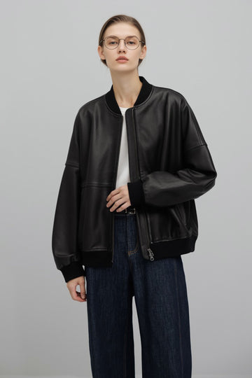 Italian Sheepskin Leather Double-Zip Bomber Jacket  Fibflx