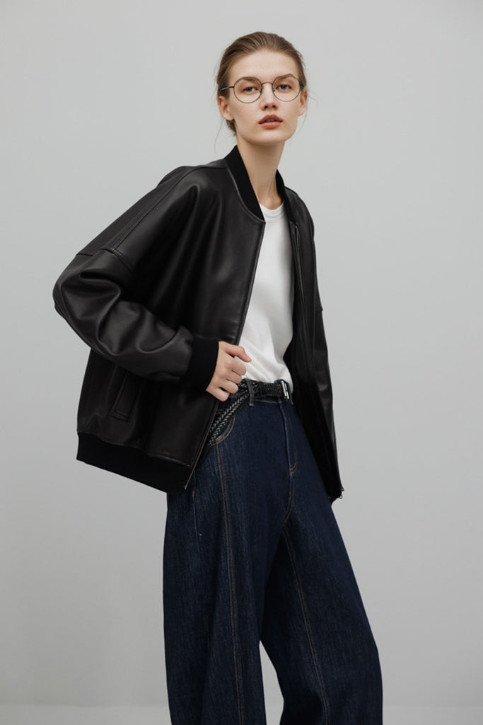 Italian Sheepskin Leather Double-Zip Bomber Jacket  Fibflx