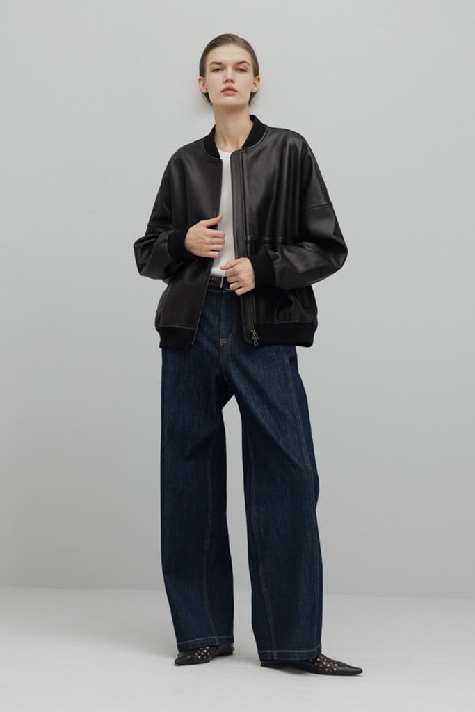 Italian Sheepskin Leather Double-Zip Bomber Jacket  Fibflx