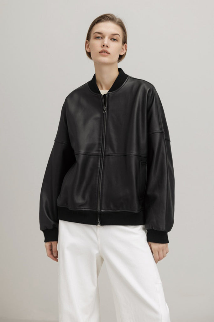 Italian Sheepskin Leather Double-Zip Bomber Jacket  Fibflx
