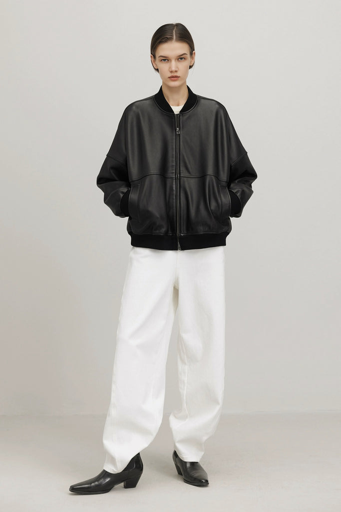 Italian Sheepskin Leather Double-Zip Bomber Jacket  Fibflx