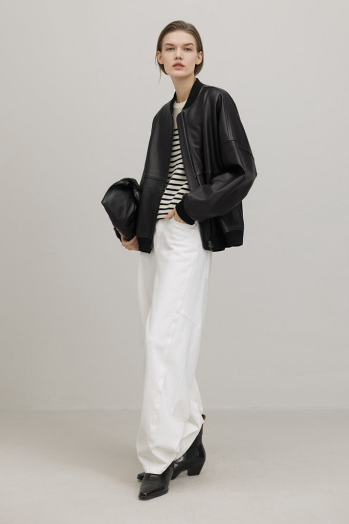 Italian Sheepskin Leather Double-Zip Bomber Jacket  Fibflx