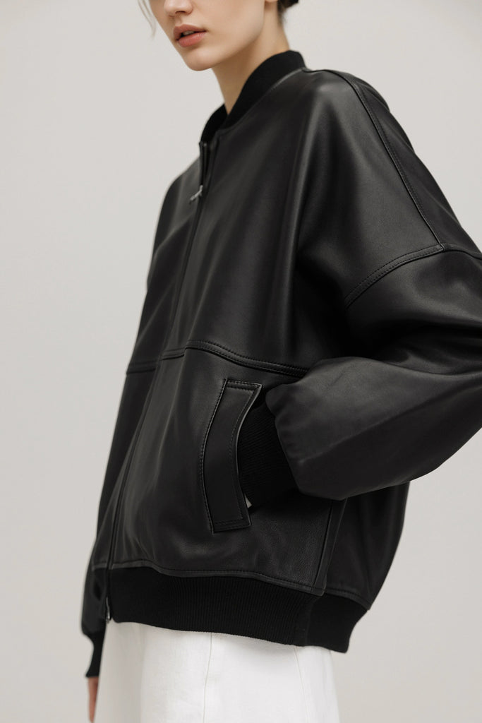 Italian Sheepskin Leather Double-Zip Bomber Jacket  Fibflx