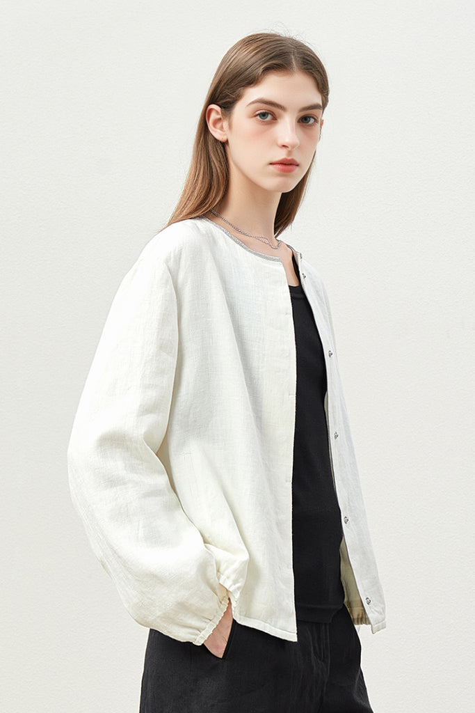 Italian Solbiati Linen Button-Up Jacket with Beaded Collar  Fibflx