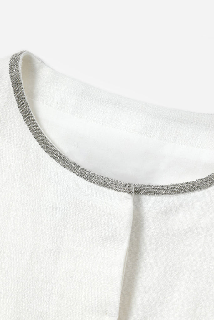 Italian Solbiati Linen Button-Up Jacket with Beaded Collar  Fibflx