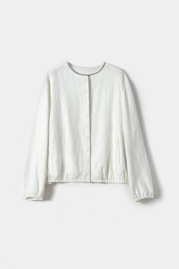Italian Solbiati Linen Button-Up Jacket with Beaded Collar  Fibflx