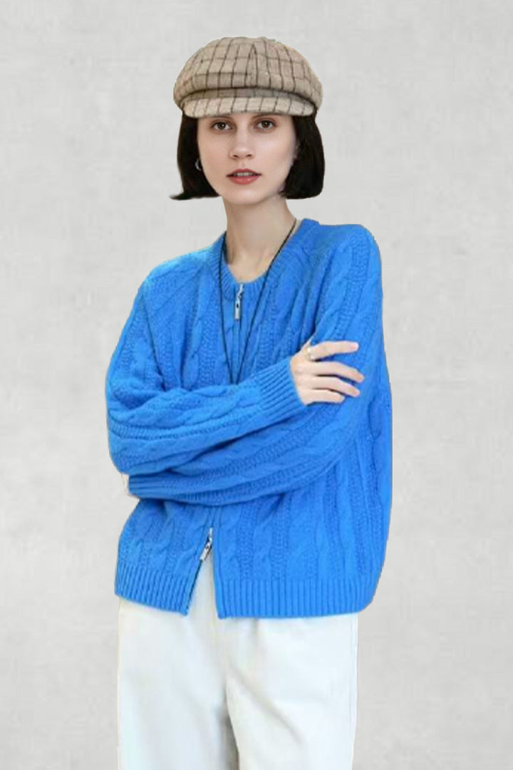 Italian-Spun 100% Cashmere Cable Knit Double-Zip Cardigan  Fibflx