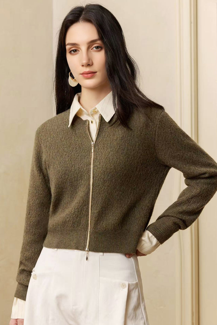 Italian-Spun 100% Cashmere Cropped Double-Zip Cardigan  Fibflx