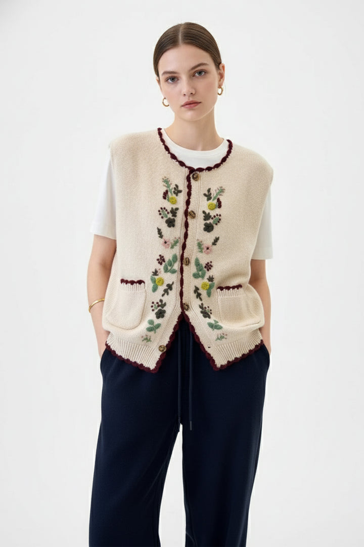 Italian-Spun 100% Cashmere Vintage Floral Sweater Vest  Fibflx