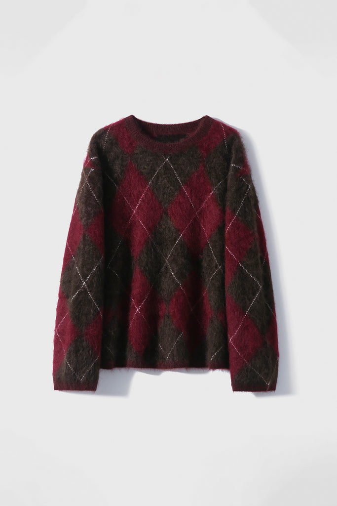Italian-Spun Brushed Cashmere Argyle Crewneck Sweater  Fibflx