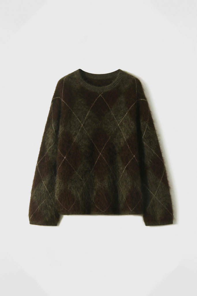 Italian-Spun Brushed Cashmere Argyle Crewneck Sweater  Fibflx