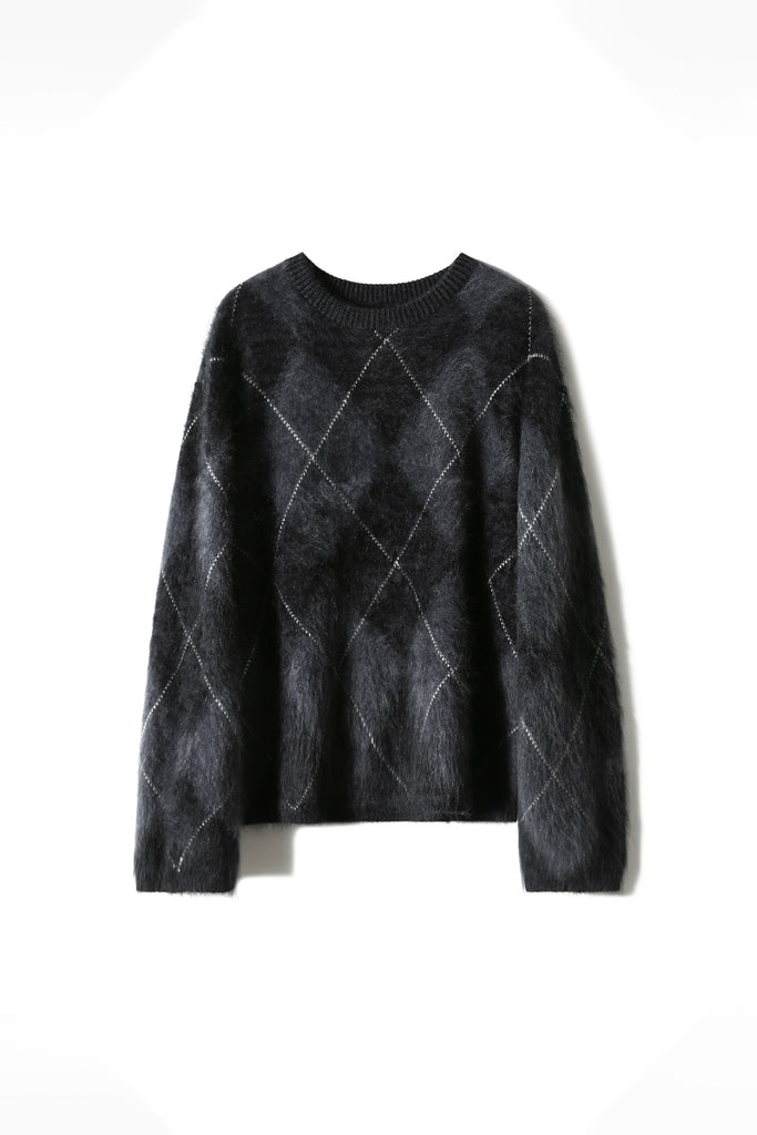 Italian-Spun Brushed Cashmere Argyle Crewneck Sweater  Fibflx
