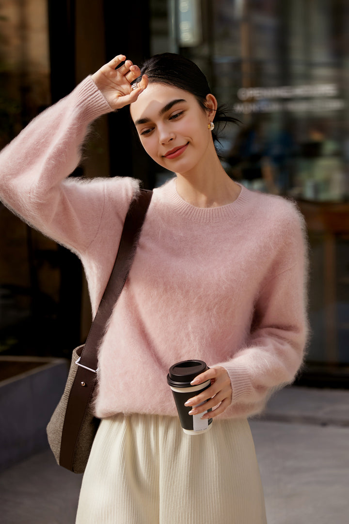 Italian-spun Brushed Cashmere Crewneck Sweater with Lantern Sleeves  Fibflx
