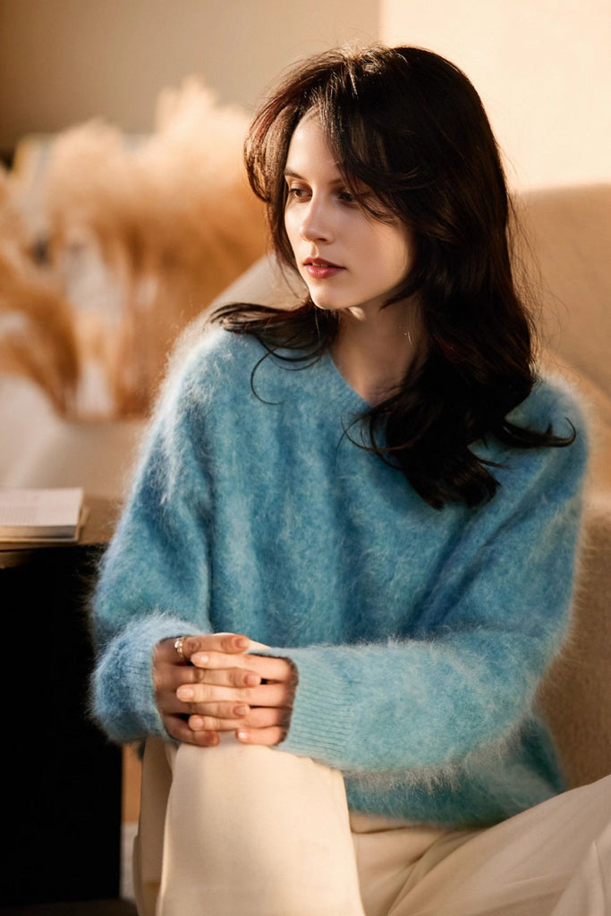 Italian-Spun Brushed Cashmere Seamless Knit Crewneck Sweater  Fibflx