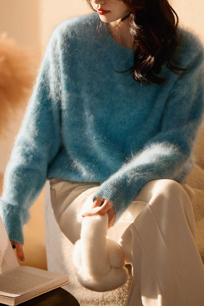 Italian-Spun Brushed Cashmere Seamless Knit Crewneck Sweater  Fibflx