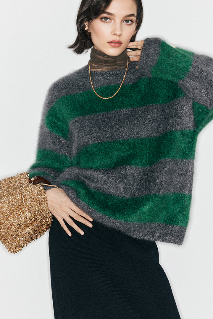 Italian-Spun Brushed Cashmere Striped Crewneck Sweater Still Grey N Grey Green Stripes / One Size Fibflx