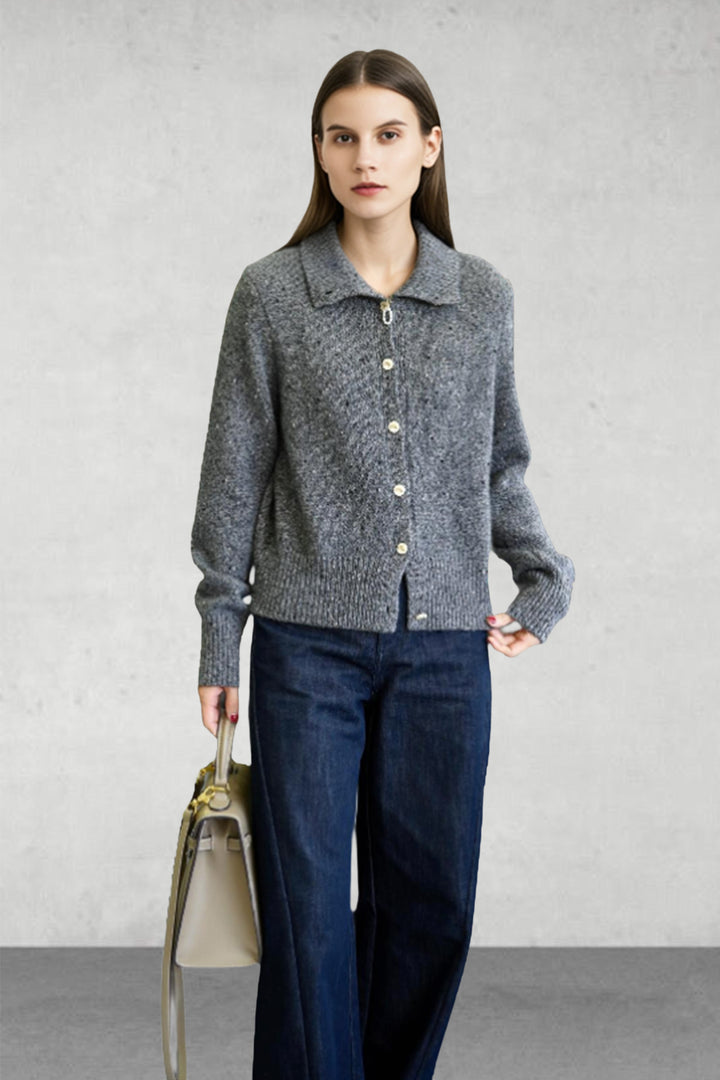 Italian-Spun Cashmere Speckled Collared Cardigan  Fibflx
