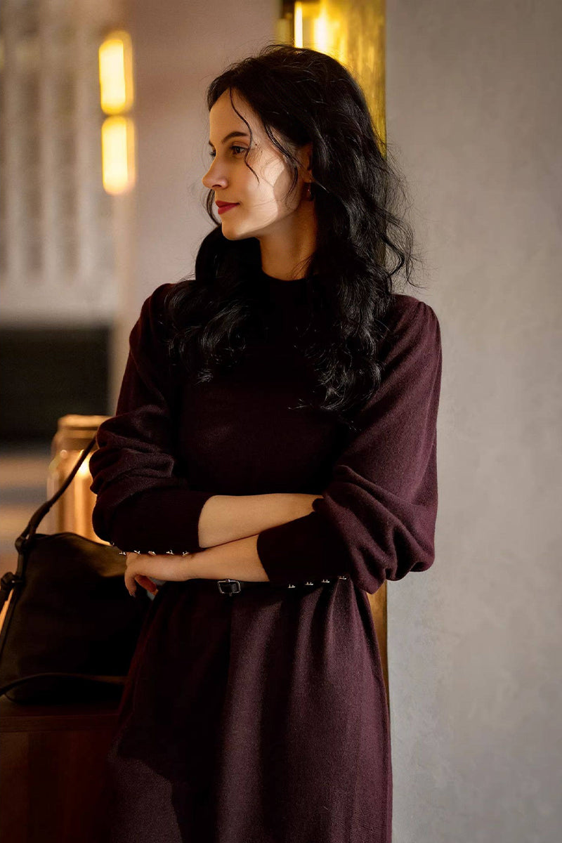 cashmere long sweater dress Italian-Spun Cashmere-Wool Belted Sleeve Midi Dark Burgundy / XS wrap dress maxi long sleeve HAL PLASTER LONG SLEEVE Size:M(6-8) Neck Midi Dress in