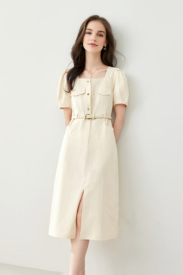 Ivory Cargo Square-Neck Belted Midi Dress - Fibflx