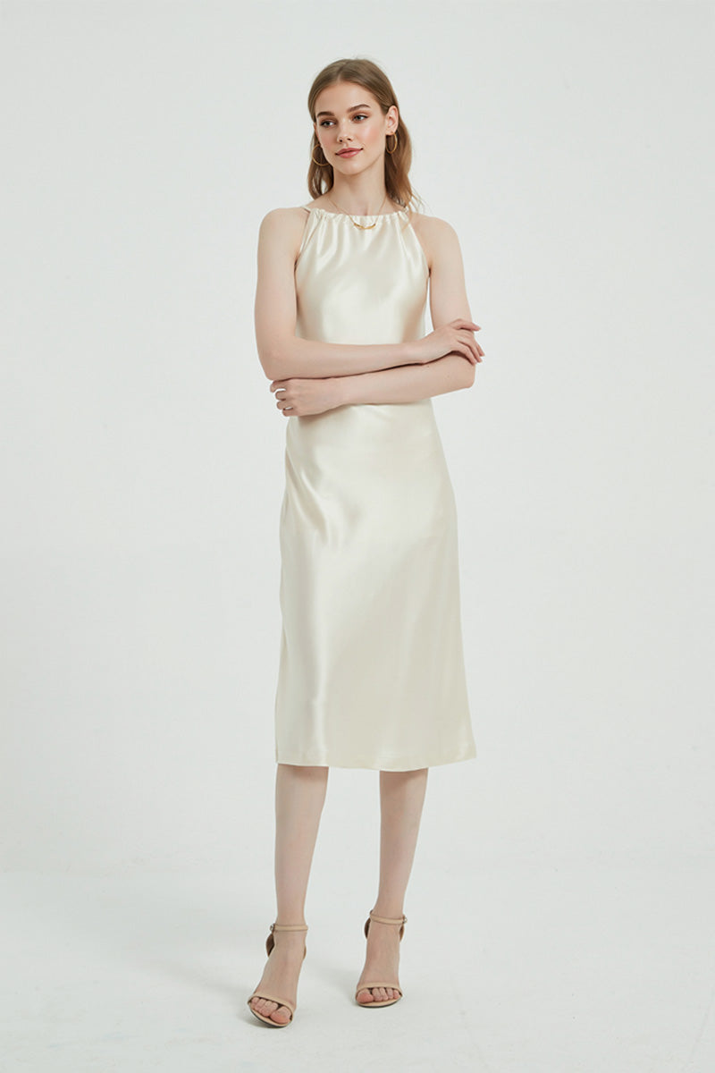 Ivory Halter-Neck Midi Slip Dress in Triacetate-Blend