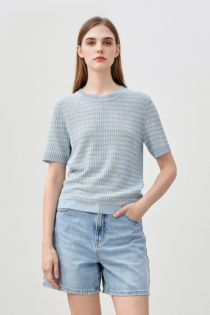 Japanese Cotton-Linen Sequin Short-Sleeve Crewneck Sweater - Fibflx