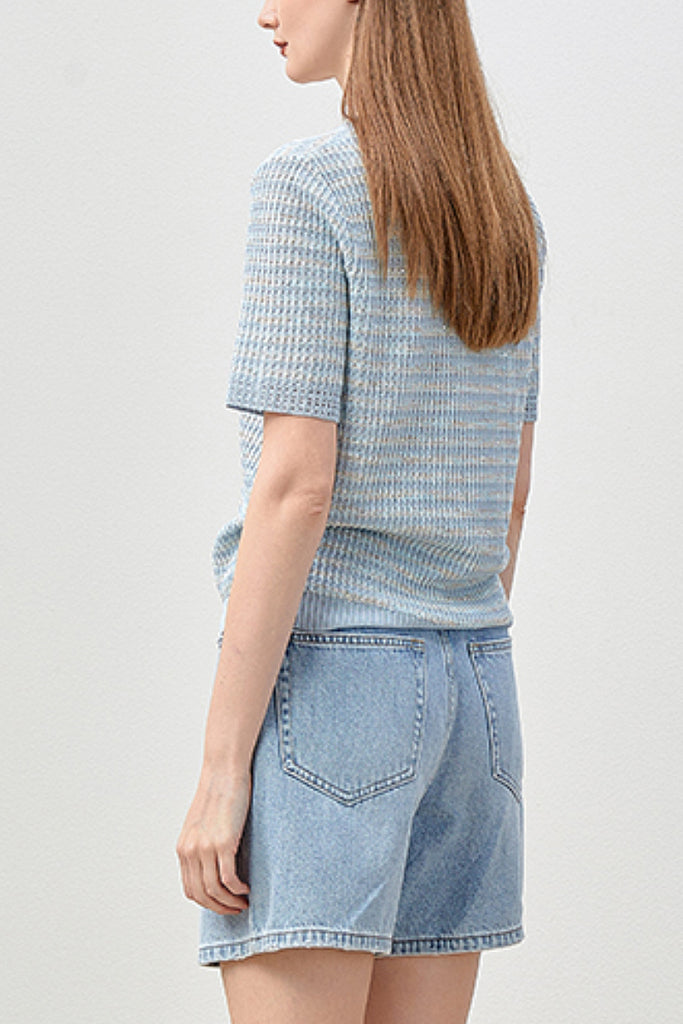 Japanese Cotton-Linen Sequin Short-Sleeve Crewneck Sweater  Fibflx