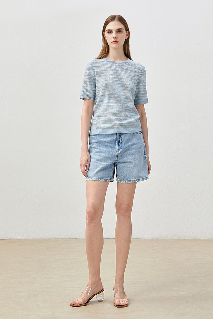 Japanese Cotton-Linen Sequin Short-Sleeve Crewneck Sweater  Fibflx