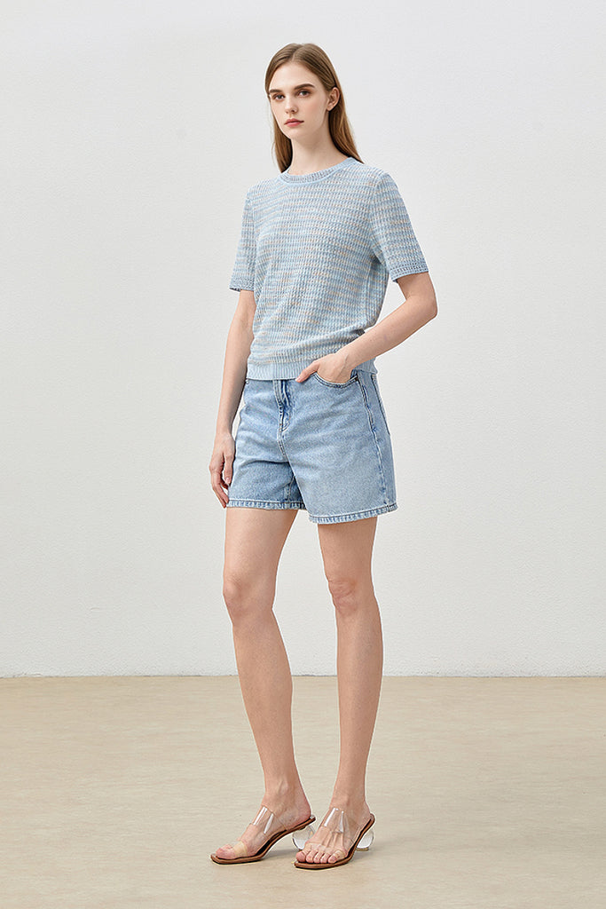 Japanese Cotton-Linen Sequin Short-Sleeve Crewneck Sweater  Fibflx