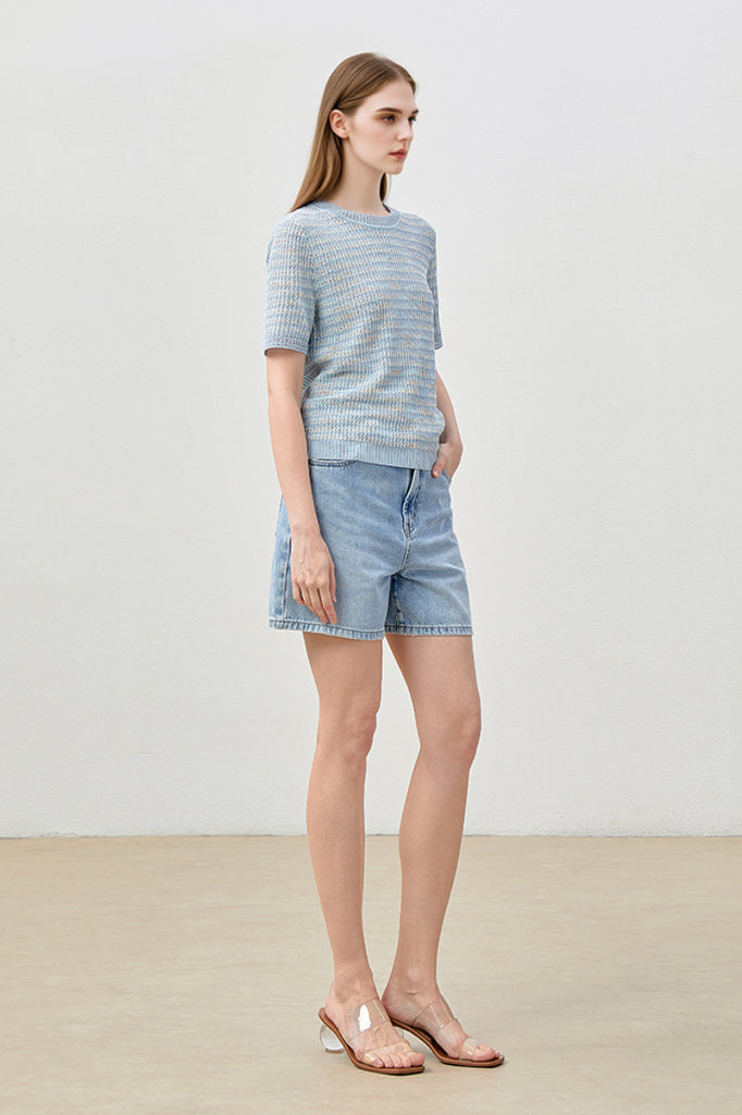 Japanese Cotton-Linen Sequin Short-Sleeve Crewneck Sweater  Fibflx