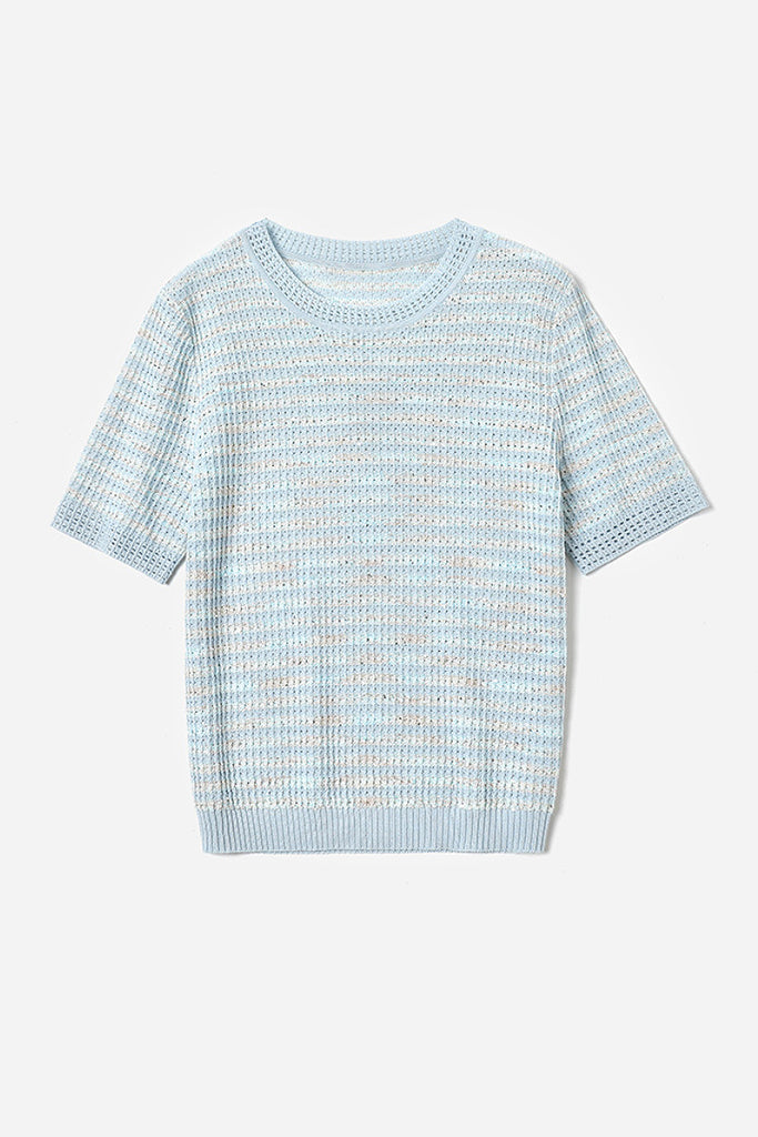 Japanese Cotton-Linen Sequin Short-Sleeve Crewneck Sweater  Fibflx