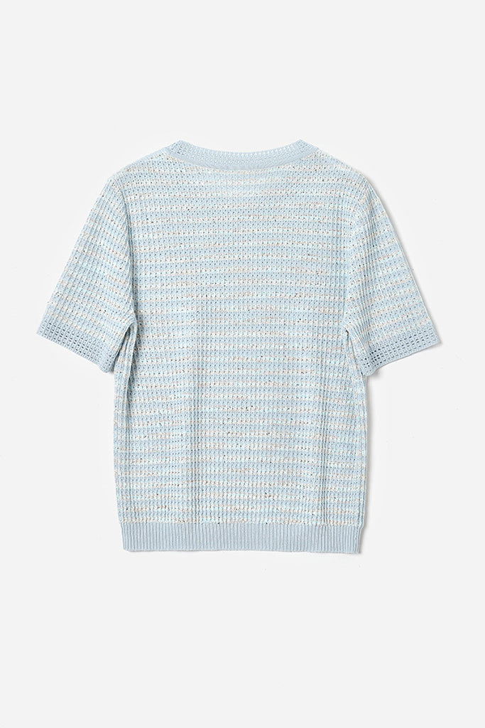 Japanese Cotton-Linen Sequin Short-Sleeve Crewneck Sweater  Fibflx