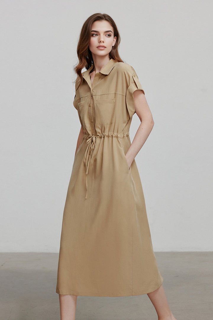 Khaki Cap-Sleeve Shirt Midi Dress With Belt S / Oak Beige / 87.3% Cotton 12.7% Polyamide