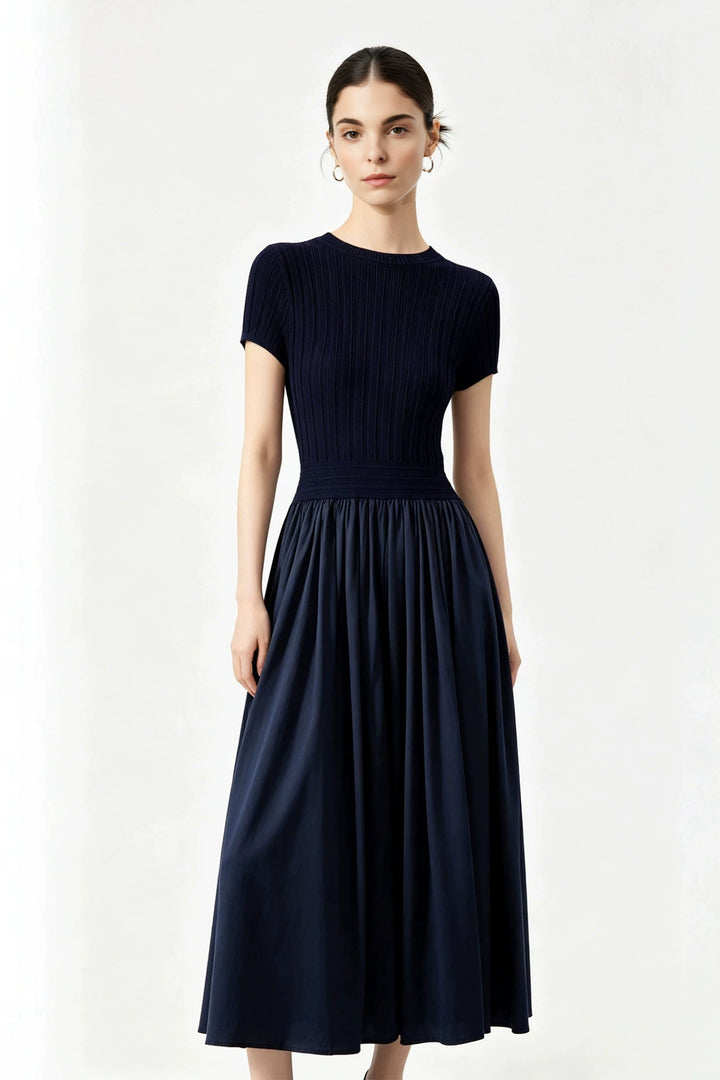Knit-Bodice Fit & Flare Mixed Media Pleated Dress Mid Night Blue / XS
