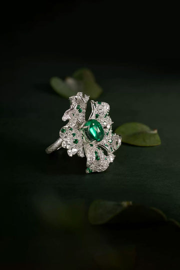 Fibflx Women's Lab-Grown Emerald & Moissanite Flower Open Ring in Sterling Silver