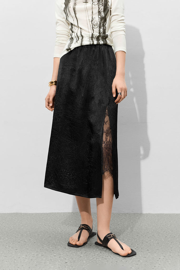 Lace-Lined Textured Acetate Satin Midi Skirt with Side Slit L / Mars Black / 100% Acetate Fibflx
