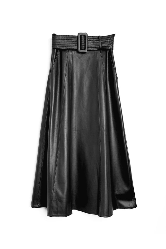 Lambskin Leather Belted A-Line Midi Skirt Black / XL Fibflx